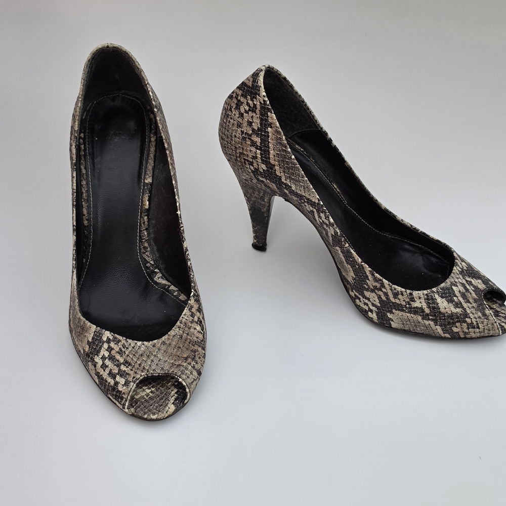 Zara Snake-Effect Peep-Toe Heels in Beige and Black